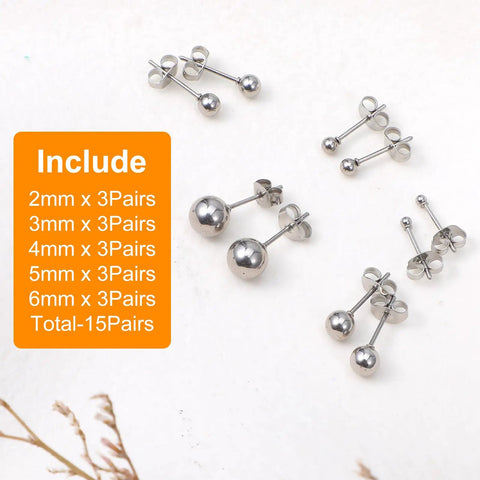 15 Pairs Ball Stud Earrings Set 2mm To 6mm Stainless Steel Hypoallergenic Nickel Free Simple Everyday Studs For Women Great Gift Idea Multisize Earring Set With Silver Finish, 2-6mm sizes