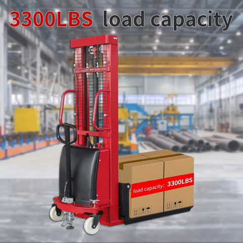 Rock Solid Electric Pallet Stacker With 3300 Lbs Load Capacity And 118 Inch Max Lift Height featuring adjustable forks and boxes in warehouse