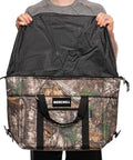 Hella Durable 48 Can Insulated Soft Sided Cooler Featuring Realtree Xtra Camo Shell, opened top view, showing inner lining.
