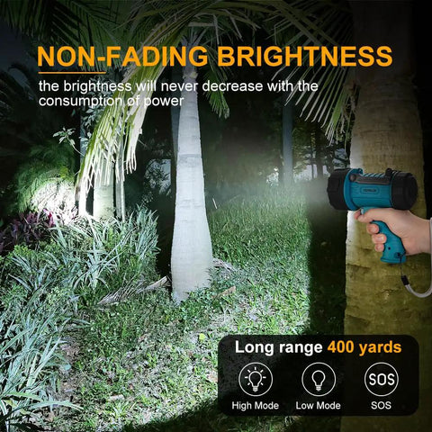 Beefy Rechargeable Handheld Spotlight One Million Lumens LED Light illuminating a forest scene at night with trees and grass.