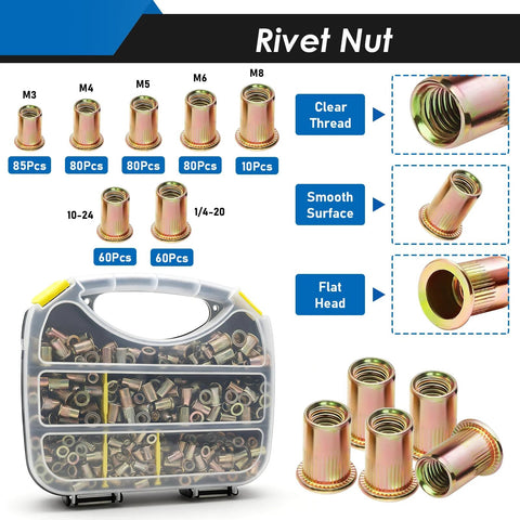 Rivet nut tool kit, 455 pcs, with M3–M8 and 10-24, 1/4-20 mandrels in a rugged carrying case.
