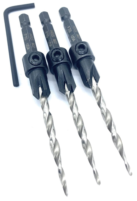 Woodworking Countersink Drill Bit Set Three Piece For Number Eight Size Eleven Sixty Fourth Inch with hex wrench included