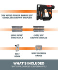 Nitro 20V Cordless Crown Stapler With Air Impact Technology, brad nails and crown staples, accessories shown, battery not included