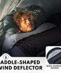 Man sleeping in XXL Winter Sleeping Bag For Adults And Kids With Compression Sack, neck-hugging collar in tent, dark color visible