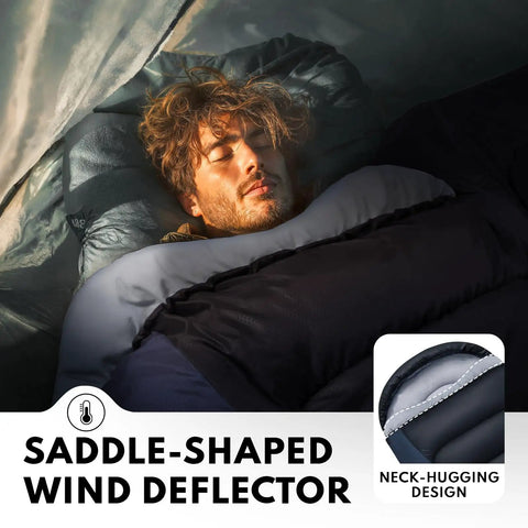 Man sleeping in XXL Winter Sleeping Bag For Adults And Kids With Compression Sack, neck-hugging collar in tent, dark color visible