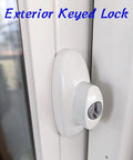 Go-To Gliding Patio Door Lock Replacement Set With Heavy Duty Keyed Cylinder And Quick Swap Thumb Latch For Andersen Tribeca Compatible Openers In Sharp White Diecast Two Nine Sixteen Inch Mounting on exterior door.