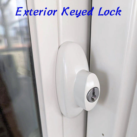 Go-To Gliding Patio Door Lock Replacement Set With Heavy Duty Keyed Cylinder And Quick Swap Thumb Latch For Andersen Tribeca Compatible Openers In Sharp White Diecast Two Nine Sixteen Inch Mounting on exterior door.