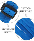 Close-up of blue elastic strap with buckle, highlighting adjustable length and thickened material for Motorcycle Helmet And Cargo Securement Straps With Hooks Mesh Elastic Rope Strap Grab And Go Portable Nylon And Rubber Tie Down For Helmets And Gear Ideal For Electric Bikes Motorcycles And Travel.