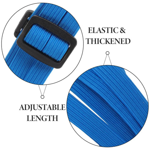 Close-up of blue elastic strap with buckle, highlighting adjustable length and thickened material for Motorcycle Helmet And Cargo Securement Straps With Hooks Mesh Elastic Rope Strap Grab And Go Portable Nylon And Rubber Tie Down For Helmets And Gear Ideal For Electric Bikes Motorcycles And Travel.