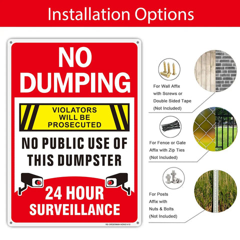 Heavy Duty 14X10 Inch No Dumping Signs 2 Pack Of Rustproof Aluminum Weather Resistant with installation options.