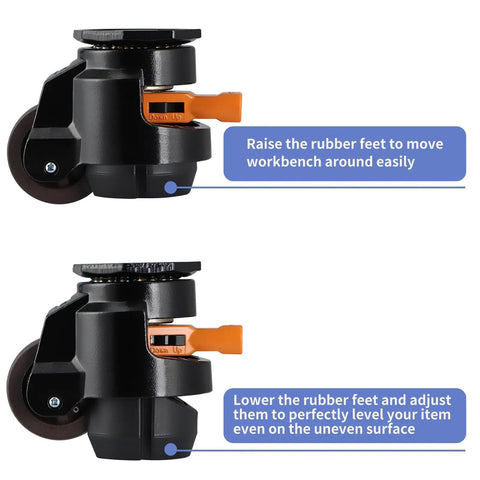 MOLIGOU Heavy Duty Leveling Stem Casters Four Pack Retractable With Ratchet Handle For Workbenches 2200 Lbs Total Load Capacity 550 Lbs Per Caster Solid Steel Construction Nylon Wheels Anti Vibration Foot Pads