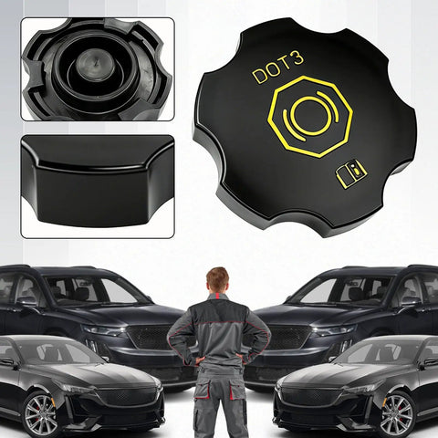 Dot 3 Brake Fluid Cap Replacement For GM Vehicles Fits Cadillac Escalade ESV Suburban Tahoe Silverado Volt GMC Yukon Sierra Acadia Canyon Buick Enclave Lucerne Master Cylinder Reservoir Cap showing top view and design details.
