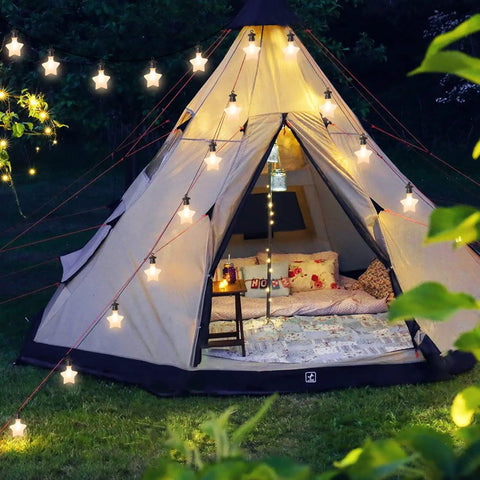 Outdoor Star String Lights Waterproof 32 Ft LED Dope Twinkle Lights 10 Stars Connectable on a lit tent at night