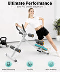 Woman exercising on Foldable Ab Trainer for Home Gym, Adjustable Full Body Workout Machine next to kettlebells and plant.