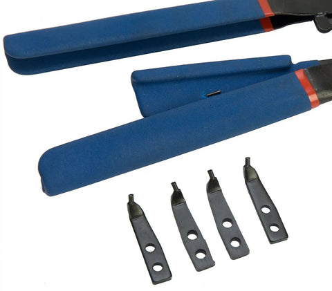 Heavy Duty 16 Inch Snap Ring Pliers Set with blue handle, heat-treated steel, showing four quick-change tips.