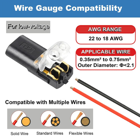 100 Piece Plug In Wire Connectors For Quick 1 Second Connections Genderless Snap Together Quick Connectors That Click In No Time No Tools Needed Easy DIY Electrical Wiring Replacement Kit Durable Safe And Reliable low-voltage connector for 22 to 18 AWG wires