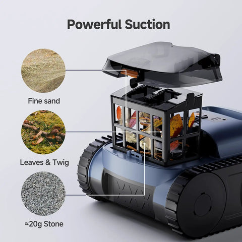 Cordless Pool Cleaner Robot With Smart Navigation And Self Parking LED Indicator showing collected debris in transparent bin