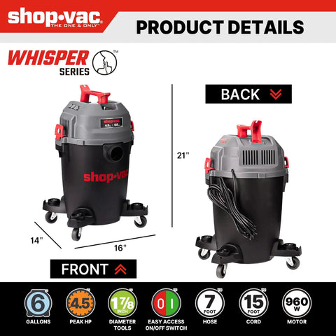 No Break Garage Beast Wet And Dry Shop Vacuum With Ultra Quiet Motor 6 Gallon size and wheels for easy movement.