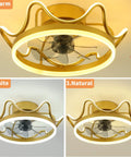Low Profile Ceiling Fan With Remote Light Kit Crown Gold Finish Perfect For Girls Room July 2022 Design Quiet Safe Motor Higher Light Transmittance Lit Three Color Temp LED Lighting showing warm, white, natural light options.