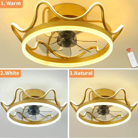 Low Profile Ceiling Fan With Remote Light Kit Crown Gold Finish Perfect For Girls Room July 2022 Design Quiet Safe Motor Higher Light Transmittance Lit Three Color Temp LED Lighting showing warm, white, natural light options.