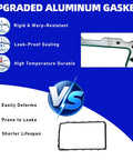 Comparison of upgraded aluminum gasket benefits in Beefed Up Aluminum 10R80 Transmission Pan Kit With Filter And Magnetic Drain Plug.
