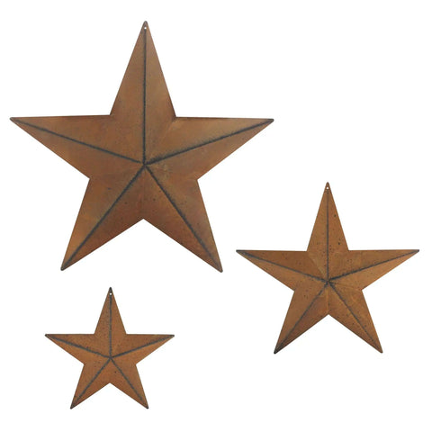 Rusty Barn Star Wall And Door Decor Set In Metal With Vintage Farmhouse Charm, Includes 12 Inch, 8 Inch And 5.5 Inch Stars