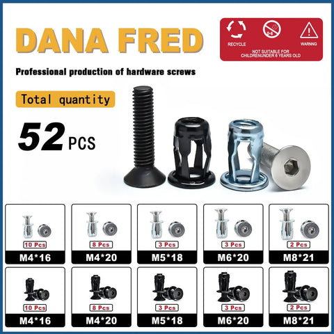 52 Piece Jack Nut Kit With Countersunk Socket Cap Screws for hollow doors and soft walls, showing screws and nuts variety