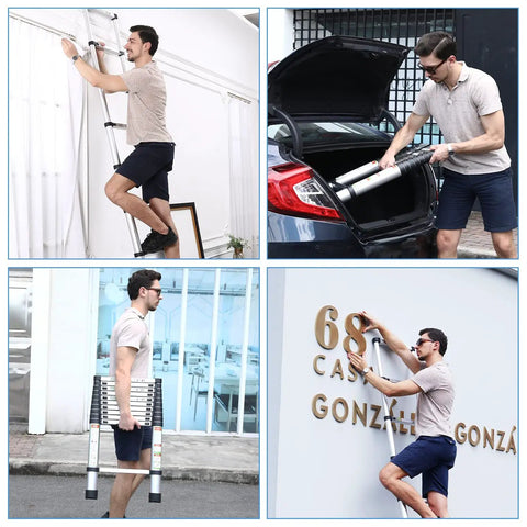 Man using 12.5 Foot Telescoping Aluminum Ladder with Non Slip Feet for Home and Outdoor DIY Use, easily carried and stored