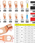 Image of Pro Grade Copper Wire Lugs Kit For Battery Cables With Heat Shrink Includes AWG 2 To 16 Copper Ring Terminals chart.