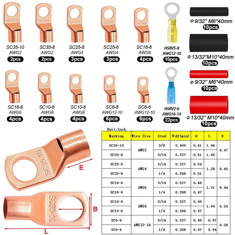 Image of Pro Grade Copper Wire Lugs Kit For Battery Cables With Heat Shrink Includes AWG 2 To 16 Copper Ring Terminals chart.
