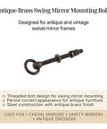 Heavy Duty Antique Brass Swing Cheval Mirror Mounting Bolts Pack Of 2 Solid Steel Cabinet Hardware for swivel mirror frames.