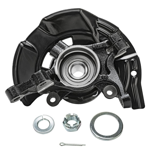 2 Front Steering Knuckles And Wheel Hub Bearing Assembly Kit For Hyundai Sonata 2011 2.0L Sport Suspension Replacement Direct Fit Includes Both Front Knuckles And Bearings Durable Steel Construction Perfect OEM Style Upgrade, showcasing steel knuckle and bearings from front view.