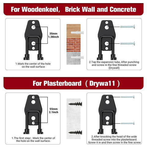 Installation guide for Six Pack Garage Storage Hooks Heavy Duty Wall Mount Organizer for wood, brick, and plasterboard surfaces.