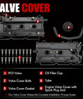 Valve Cover Set With Bolts Oil Cap Gaskets Spark Plug Tube Seals And PCV Valve For 3.5L V6 Nissan Altima Maxima Murano Quest Infiniti I35 2002 2009 Direct Fit Engine Replacement, showing components and layout