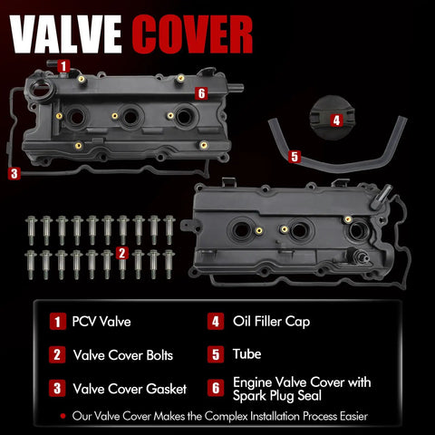 Valve Cover Set With Bolts Oil Cap Gaskets Spark Plug Tube Seals And PCV Valve For 3.5L V6 Nissan Altima Maxima Murano Quest Infiniti I35 2002 2009 Direct Fit Engine Replacement, showing components and layout