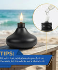 Upgraded Tabletop Torch Set Of 6 With 24.5 Oz Citronella Fuel Refillable Metal Lanterns on wooden deck, ocean view