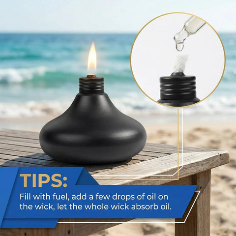 Upgraded Tabletop Torch Set Of 6 With 24.5 Oz Citronella Fuel Refillable Metal Lanterns on wooden deck, ocean view