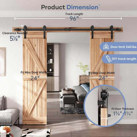 8 Ft Double Sliding Barn Door Hardware Kit With Straight Pulleys Heavy Duty Track System For 24 Inch Wide Double Doors installed