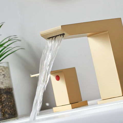 Sleek Brushed Gold 3 Hole Waterfall Bathroom Faucet With Dual Handles, Modern Vanity Sink Faucet Set, Easy Installation With Supply Hoses And Drain, 4.4 Inch Body, 5.5 Inch Spout Extension, Stylish Home Upgrade