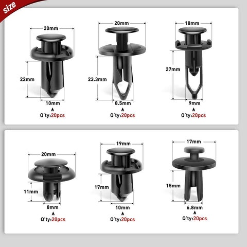 Universal Car Retainer Clip Kit With Remover, 120 Pieces In Four Sizes 6.3mm 8mm 9mm 10mm Nylon Push Rivets size chart
