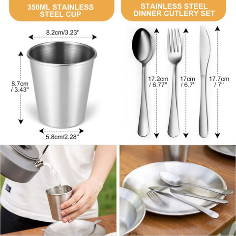 Stainless Steel Camping Mess Kit For 1 Person Portable Tableware Set with cup, cutlery, and plate shown on a table