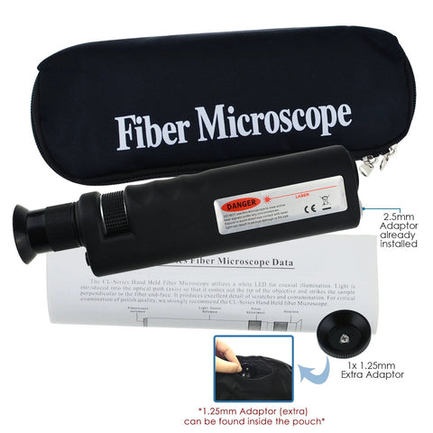 Front view of handheld fiber optic microscope in black with 2.5mm adapter installed, spare 1.25mm adapter and pouch
