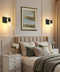 Cordless Battery Wall Sconces Set Of Two With Remote Control Black USB C Rechargeable Indoor Lighting illuminating a cozy bedroom atmosphere.