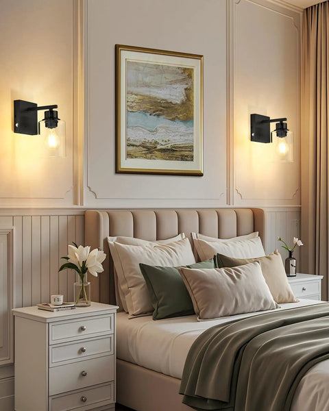 Cordless Battery Wall Sconces Set Of Two With Remote Control Black USB C Rechargeable Indoor Lighting illuminating a cozy bedroom atmosphere.