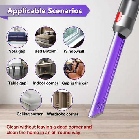 Diagram showing applications for LED Light Pipe Crevice Tool Replacement For Dyson V7 V8 V10 V11 Vacuum Cleaners in tight spaces.