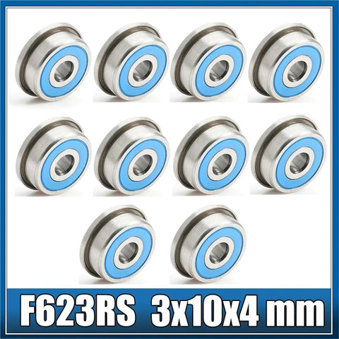 Top Shelf F623RS Flange Ball Bearings 3X10X4MM ABEC 7 Dual Sealed Precision Spool Kit For 3D Printers And Cnc Machines Drive Units Idlers X Y Rail Systems Perfect Fit 10 Piece Set Rock Solid Smooth Operation Must Have For Any Build Project. 10 blue sealed flange bearings on white background