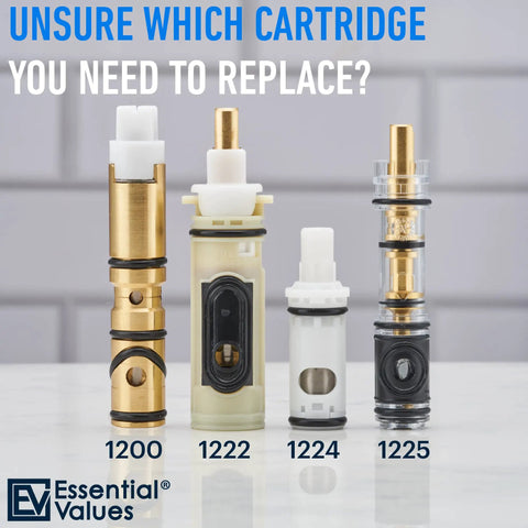 Image showing four different types of faucet cartridges including Moen 1224 Replacement Cartridge 2 Pack For Tub Shower And Two Handle Faucets, Aftermarket Brass 1224B And Plastic Valve Cartridges, Easy Install, Improves Water Flow, Durable And Reliable.