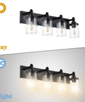 Day and night view of 4 Light Vanity Light Fixtures For Bathroom Black Over Mirror Farmhouse Style Wall Lamps With Seeded Glass Shades