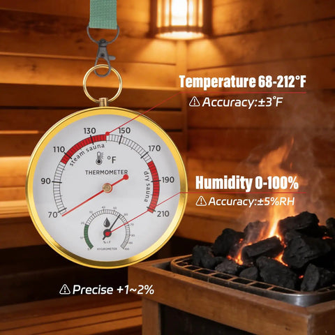 Sauna Thermometer And Hygrometer Fahrenheit With Lanyard Mount For Easy Readouts Portable Temperature And Humidity Monitor For Steam Sauna Tents Infrared Indoor Outdoor Home Spa Accessories hanging in a wooden sauna
