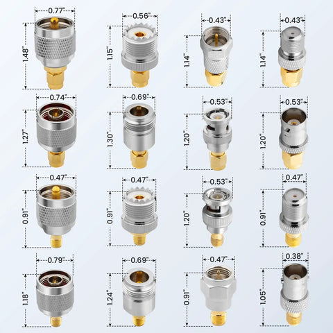 16 Piece RF Coaxial Adapter Kit UHF BNC N F To SMA Male And Female Connectors showing dimensions for each adapter